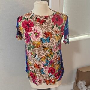 Johnny Was Multicolor Floral & Butterfly Short Sleeve Tee
